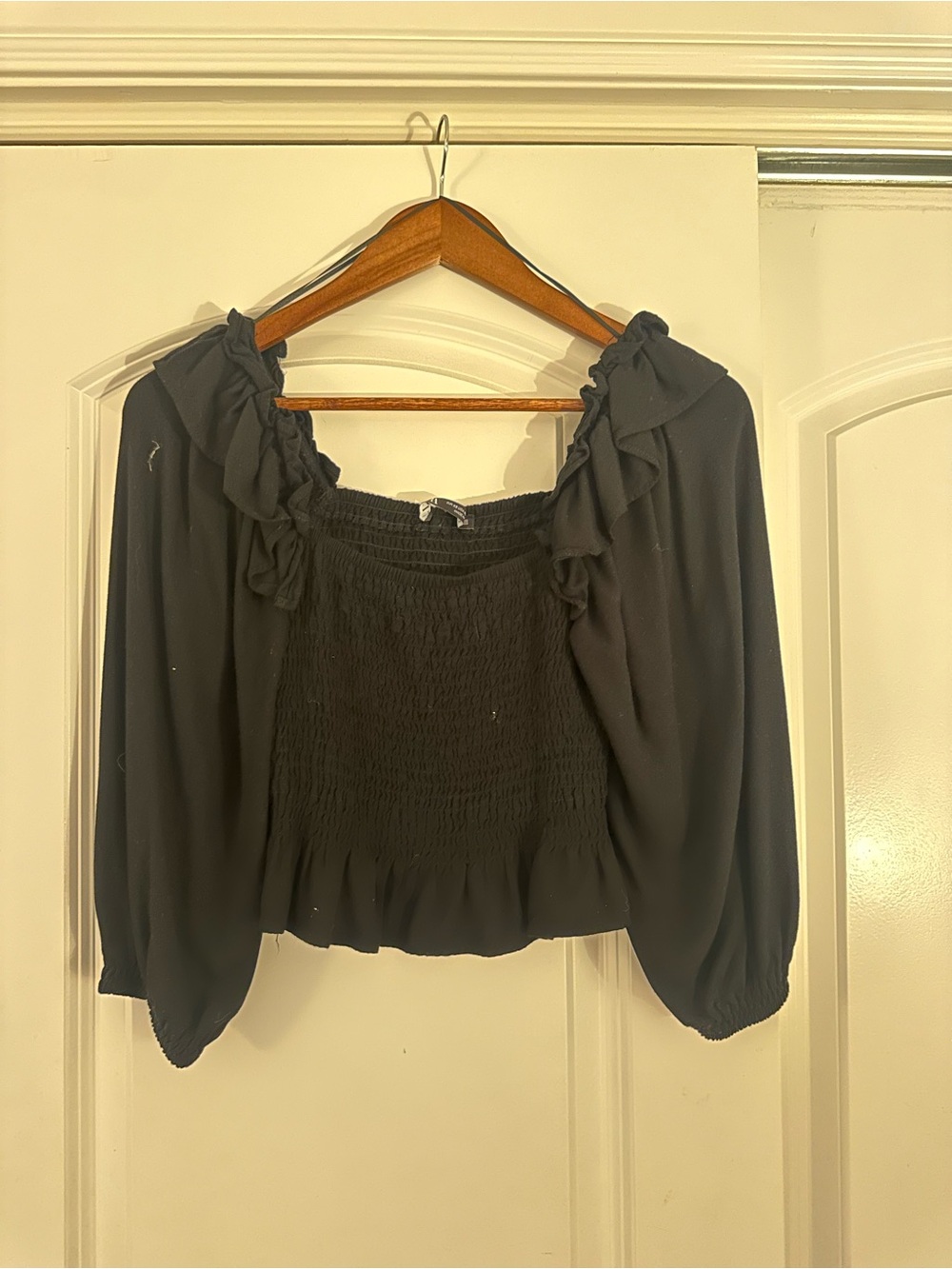 Zara Black Smocked Ruffle Sleeve Blouse